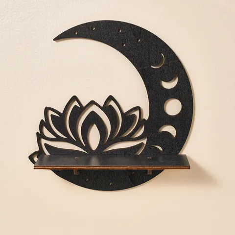Wooden Lotus Moon Phase Wall Shelf Crystal Stones Display Rack Bohemian Floating Shelf Wall Art Decor Hanging Storage Rack