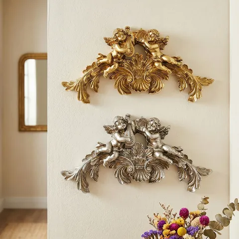 French Vintage Angel Playing Harp Ribbon Bow Wall Hanging Decor Resin Antique Gold Silver Relief Sculpture Home Wall Art
