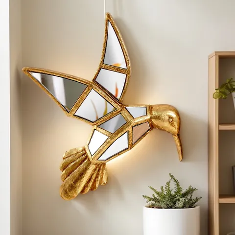 Décoration Murale Colibri en Résine Dorée Nordique Avec Incrustation de Miroir Géométrique Sculpture Animale Moderne pour Salon Bureau