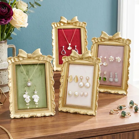 Französischer Vintage Harz Goldener Schleife Schmuckständer Mit Samtfutter Eleganter Fotorahmen Ohrring Halskette Organizer Desktop Deko Ornament