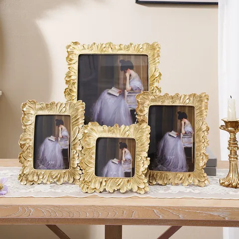 European Vintage Resin Photo Frame Gold Silver Palm Leaf Relief Relief Design Tabletop Wall Decor Home Office Art Gift