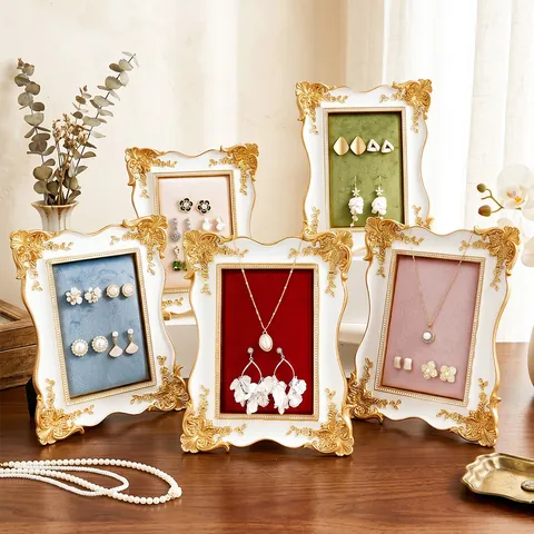Organizador de Joyas de Terciopelo de Resina Estilo Palacio Europeo Forma de Marco de Fotos Vintage Barroco Tallado Pendientes Soporte Exhibición