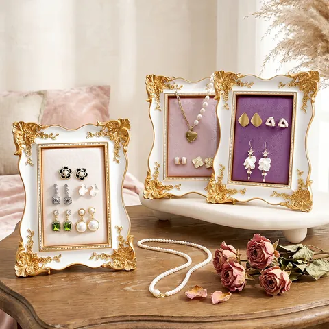 Organizador de Joyas de Terciopelo de Resina Estilo Palacio Europeo Forma de Marco de Fotos Vintage Barroco Tallado Pendientes Soporte Exhibición