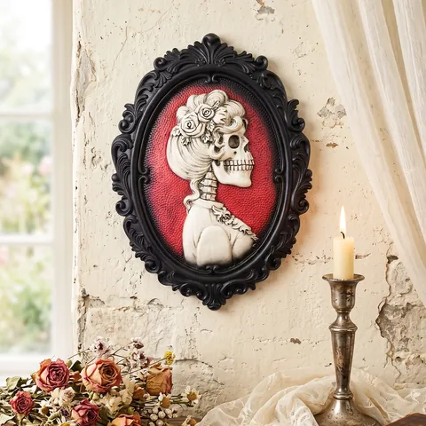 Vintage Schwarz Geschnitzter Rahmen Gotisch Skelett Dame Relief Wanddeko Halloween Atmosphäre Requisite Harz Dunkel Stil