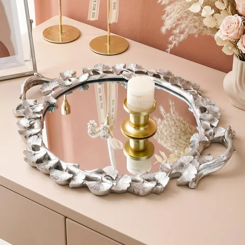 Vassoio a Specchio con Rilievo Foglia di Ginkgo Argento Vintage Organizer per Gioielli da Scrivania Irregolare