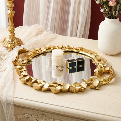 Nordic Vintage Round Ginkgo Leaf Mirror Tray Gold Silver Resin Decorative Tray For Wedding Party Home Jewelry Storage