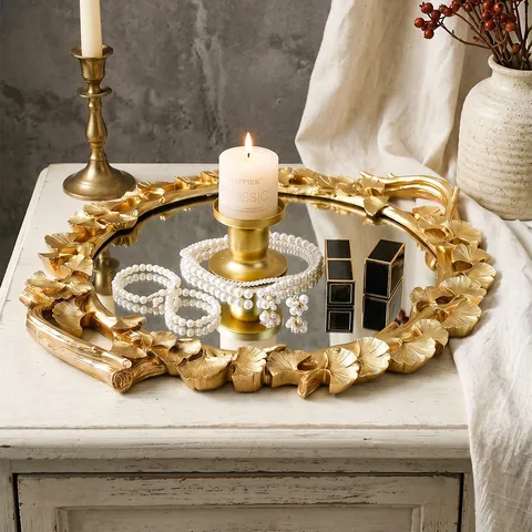 Nordic Vintage Round Ginkgo Leaf Mirror Tray Gold Silver Resin Decorative Tray For Wedding Party Home Jewelry Storage