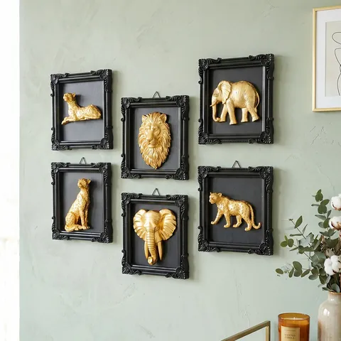 Decoración de Pared Vintage Relieve 3D Animal Oro Marco Negro Tallado León Elefante Leopardo Arte Decorativo de Resina Hogar Oficina