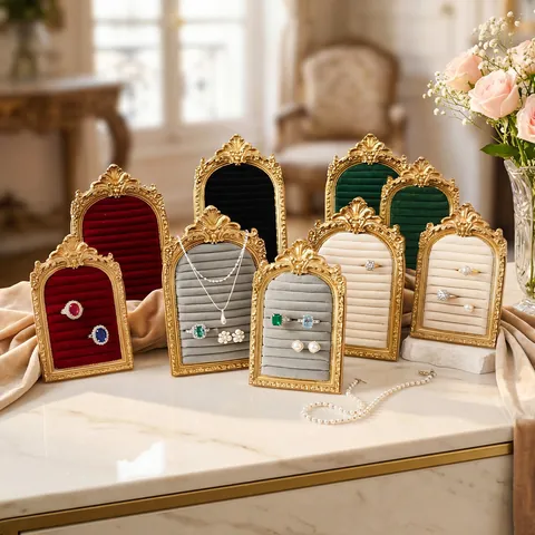 European Vintage Arched Jewelry Display Stand Golden Silver Carved Relief Resin Frame Velvet Ring Earring Storage Photo Frame Photography Prop