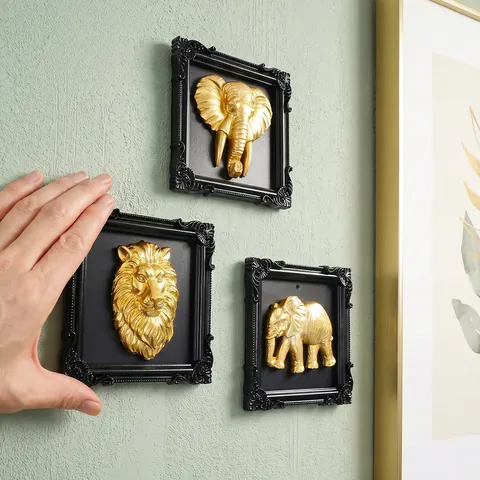 Decoración de Pared Vintage Relieve 3D Animal Oro Marco Negro Tallado León Elefante Leopardo Arte Decorativo de Resina Hogar Oficina