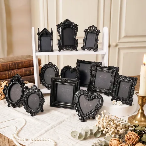Marco de Fotos Mini de Resina Negra Vintage Estilo Gótico Barroco Con Relieve Marco de Exhibición de Joyas Decoración de Escritorio Accesorios de Fotografía