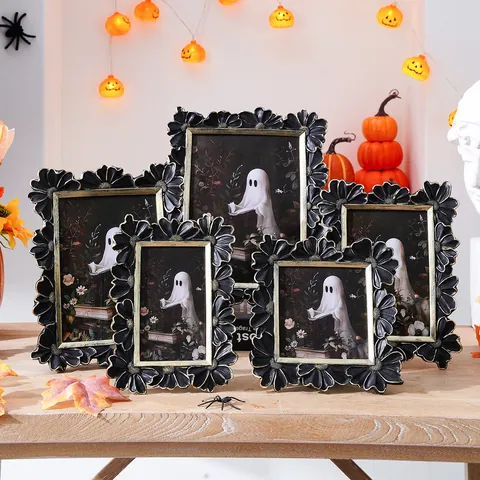 Halloween Vintage Resin Daisy Photo Frame 3D Floral Relief Gothic Gold Trim Picture Frame For Festival Home Decor