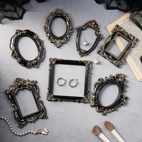 Marco de Fotos en Miniatura Europeo Vintage Negro Oro Resina Relieve Estilo Barroco Accesorios de Fotografía Decoración Hogar