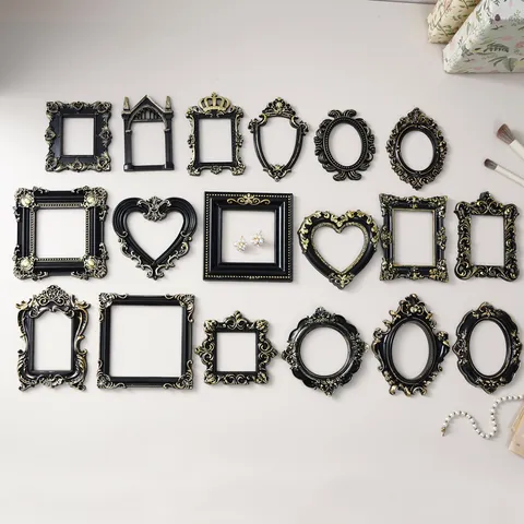 Marco de Fotos en Miniatura Europeo Vintage Negro Oro Resina Relieve Estilo Barroco Accesorios de Fotografía Decoración Hogar
