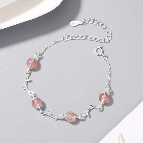 Bracciale Ramo di Fiore Donna Argento Sterling 925 Regolabile Quarzo Fragola Pietra di Luna Gioielli Natura Regalo