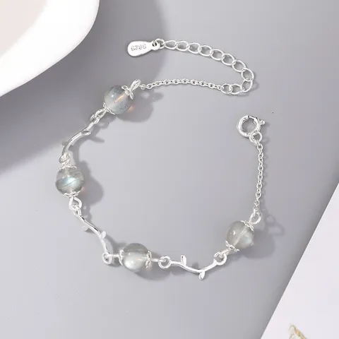 Bracciale Ramo di Fiore Donna Argento Sterling 925 Regolabile Quarzo Fragola Pietra di Luna Gioielli Natura Regalo