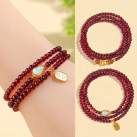 Natural Garnet 3-Loop Beaded Bracelet For Women With Jadeite Gourd Pendant Luck Wealth Red Stone Fashion Ethnic Handmade Jewelry