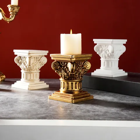 Candelabro de Columna Romana Vintage de Resina Portavelas Tallado Clásico Adorno de Escritorio Envejecido para Decoración del Hogar Navidad Boda Fiesta