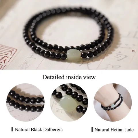 Pulsera de Cuentas de Madera de Ébano Vintage para Mujer Elegante Cuenta de Jade Nefrita Multicapa Envolvente Cuentas de Oración Budistas Hecho a Mano Joyería de Estilo Étnico Regalo