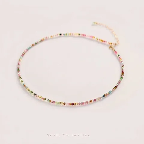 Natural Rainbow Tourmaline Necklace S925 Sterling Silver 14K Gold Filled Colorful Beaded Clavicle Chain Jewelry For Women