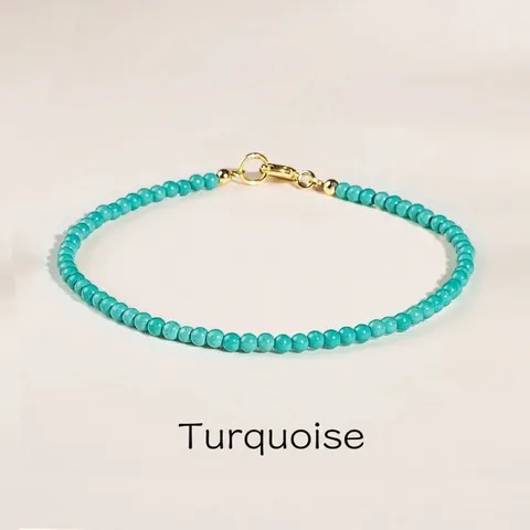 Natural Raw Ore Turquoise Beaded Bracelet For Women Two Millimeter Thin Beads Single Loop Fourteen K Gold Filled Minimalist Jewelry