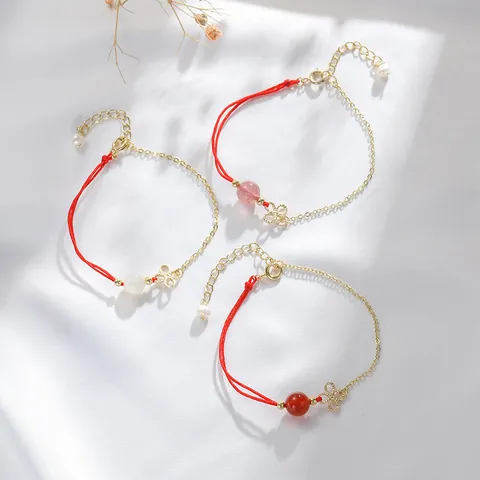 Handgemachtes Chinesisches Knoten Rotes Seil Armband Für Damen Nischendesign Goldkette Kristallperlen Verstellbares Gewebtes Armband Schmuck Erdbeerquarz Achat Mondstein