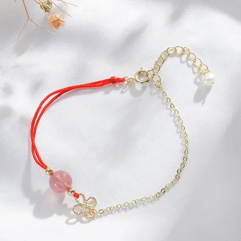 Handgemachtes Chinesisches Knoten Rotes Seil Armband Für Damen Nischendesign Goldkette Kristallperlen Verstellbares Gewebtes Armband Schmuck Erdbeerquarz Achat Mondstein