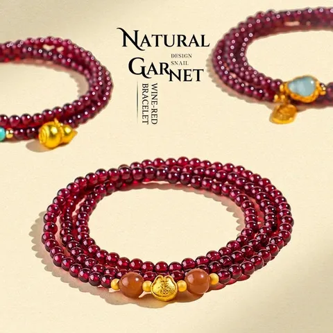 Natural Garnet 3-Loop Beaded Bracelet For Women With Jadeite Gourd Pendant Luck Wealth Red Stone Fashion Ethnic Handmade Jewelry