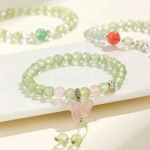 Handmade Prehnite Rose Quartz Beaded Bracelet For Women Natural Strawberry Quartz Southern Red Agate Butterfly Moon Pendant Crystal Bracelet