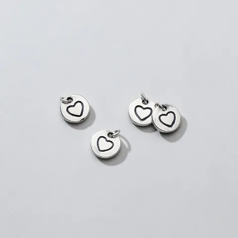 925 Sterling Silver Vintage Thai Silver Heart Pattern Round Disc Charm Pendant Connection Loop DIY Bracelet Jewelry Making Material Findings Accessories