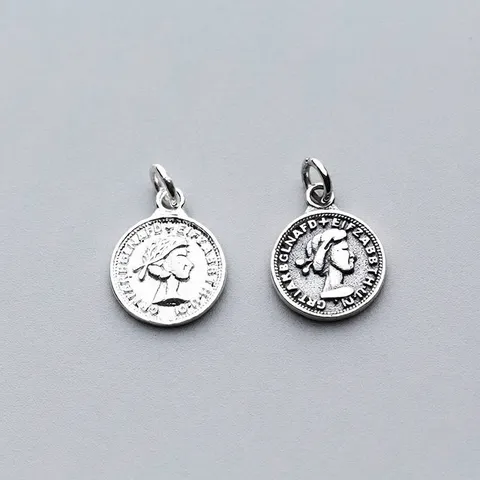 S925 Sterling Silver Vintage Queen Coin Pendant Round Plate Charm For DIY Bracelet Necklace Jewelry Making Accessory