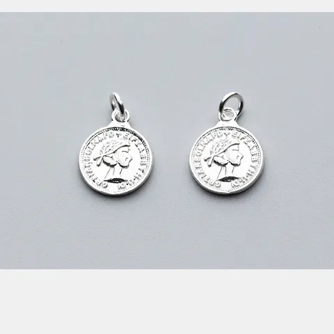 S925 Sterling Silver Vintage Queen Coin Pendant Round Plate Charm For DIY Bracelet Necklace Jewelry Making Accessory
