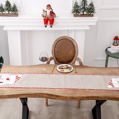 Christmas Burlap Table Runner Santa Claus Snowman Dining Table Mat Festive Heat Insulated Tablecloth Home Party Decor