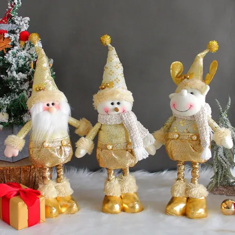 Bambole Natalizie Retrattili Oro Babbo Natale Pupazzo di Neve Renna in Piedi Ornamenti di Peluche con Paillettes per Decorazione Casa