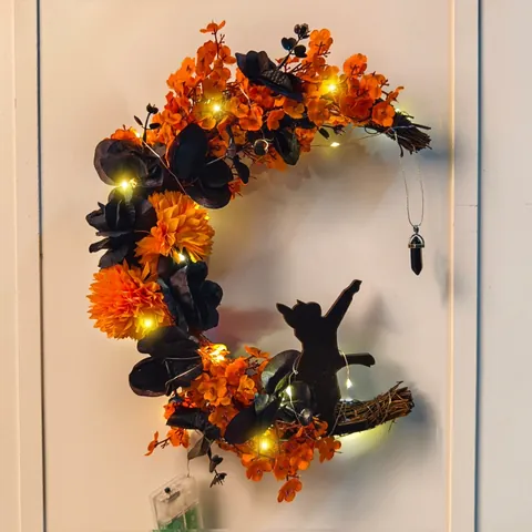 Halloween Maan Kat Krans LED Verlicht Oranje Zwart Bloemen Deurhanger Voor Buiten Tuin Feest Huis Decoratie