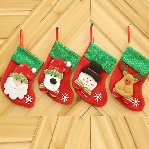 Creative Cartoon Christmas Stocking Gift Bag With Green Sequins And 3D Santa Snowman Reindeer Bear Hanging Ornament For Holiday Decor
