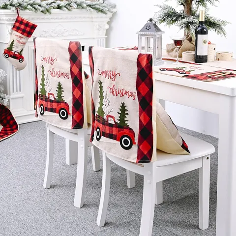 Christmas Chair Cover Buffalo Plaid Red Truck Christmas Tree Faux Linen Dining Room Festive Home Decor Seat Back Protector