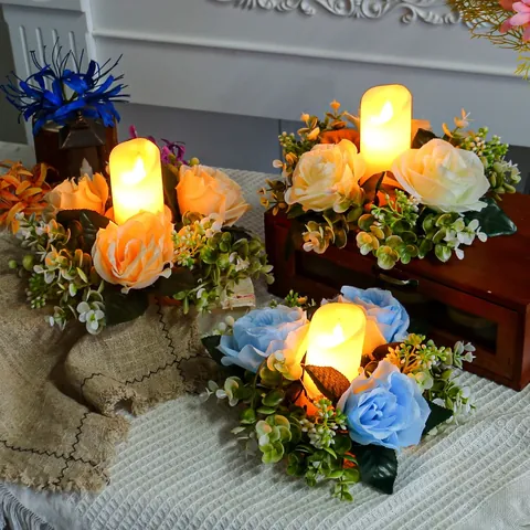 Simulation Artificial Rose Flower Candle Holder Wreath Decorative Floral Centerpiece For Dining Table Living Room Home Party Atmosphere