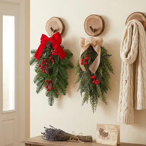 Christmas Teardrop Swag Artificial Pine Wreath Red Velvet Linen Bow Berry Pine Cone Hanging Decoration For Front Door Home