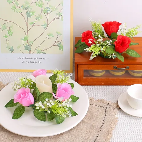 Guirnalda de Anillo de Vela de Rosa Artificial para Decoración de Mesa de Boda San Valentín Ornamento Floral Romántico