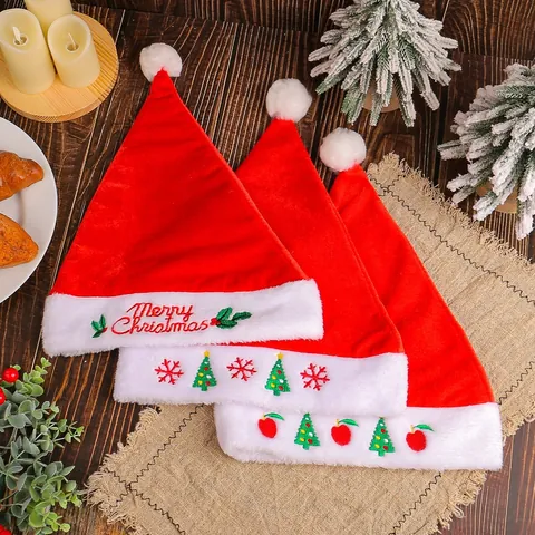 Embroidered Gold Velvet Christmas Hat For Adults Thickened Plush Trim Santa Claus Hat Festive Holiday Party Decoration Gift