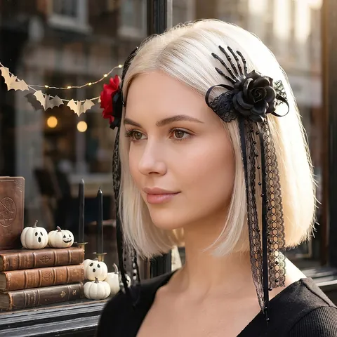 Halloween Skull Hand Bone Hair Clip Gothic Horror Rose Lace Long Ribbon Side Clip For Party Cosplay Women Hair Accessories