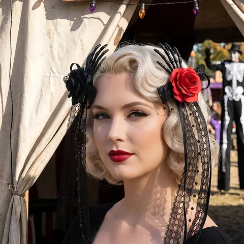 Halloween Skull Hand Bone Hair Clip Gothic Horror Rose Lace Long Ribbon Side Clip For Party Cosplay Women Hair Accessories