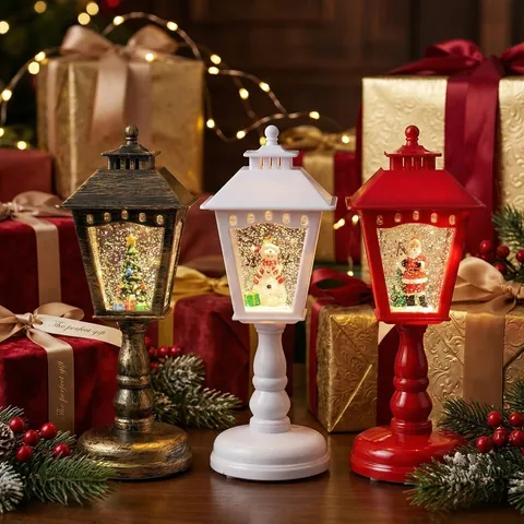 Linterna de Agua con Purpurina Luminosa de Navidad Adorno Luz de Noche Vintage Decoración de Mesa para Vacaciones Centro Comercial Ventana Hogar