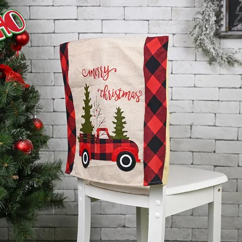 Christmas Chair Cover Buffalo Plaid Red Truck Christmas Tree Faux Linen Dining Room Festive Home Decor Seat Back Protector