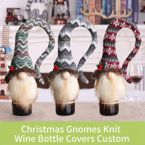 Knitted Christmas Wine Bottle Cover Santa Faceless Doll Gnome Wine Bottle Bag Decorative Knit Gnome Bottle Topper For Holiday Party Home Dining Decor