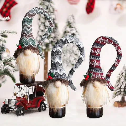 Knitted Christmas Wine Bottle Cover Santa Faceless Doll Gnome Wine Bottle Bag Decorative Knit Gnome Bottle Topper For Holiday Party Home Dining Decor
