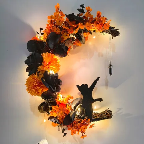 Halloween Maan Kat Krans LED Verlicht Oranje Zwart Bloemen Deurhanger Voor Buiten Tuin Feest Huis Decoratie