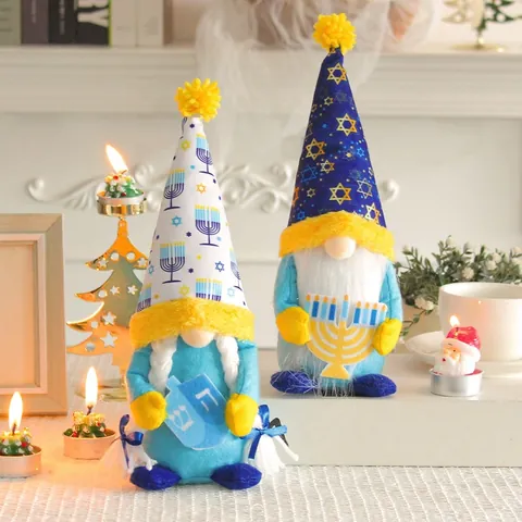 Hanukkah Faceless Gnome Doll Plush Table Ornament Menorah Star Of David Blue Hat Rudolph Figurine For Home Holiday Holiday Decor Gift