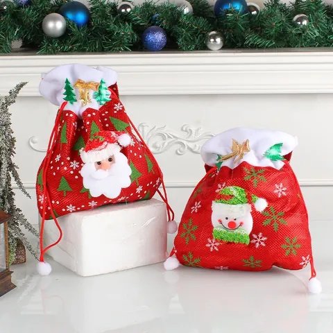 Weihnachtsgeschenktüte Kreative Stoff Kordelzug Handtasche Süßigkeiten Verpackung Beutel Bestickte Schneeflocke Applikation Weihnachtsmann Schneemann Geschenkbeutel Für Festliche Party Dekoration Zuhause Ornament
